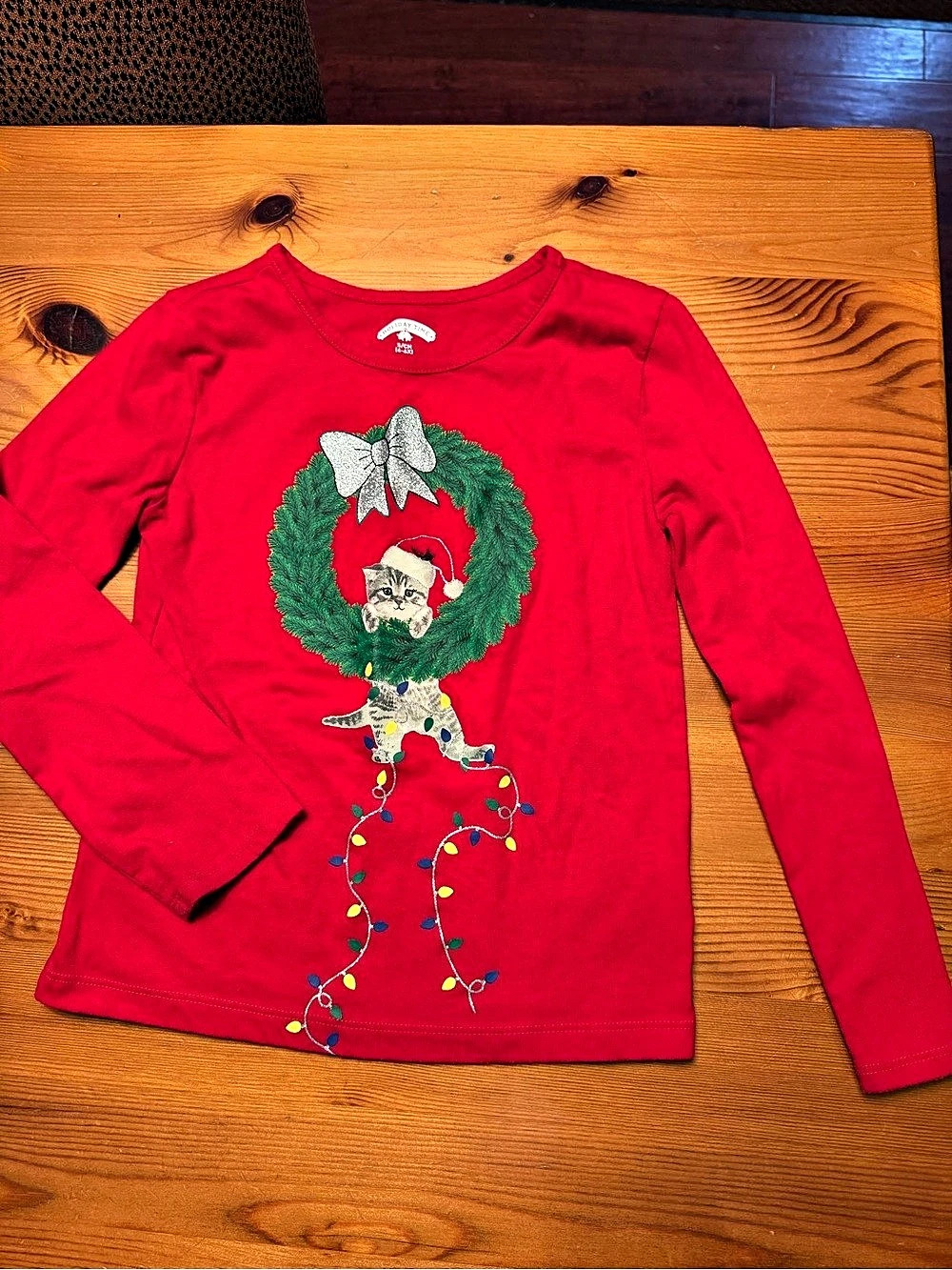 Holiday Time, Long Sleeve, Christmas Graphic with Cat, Shirt, Size Small, 6-6X